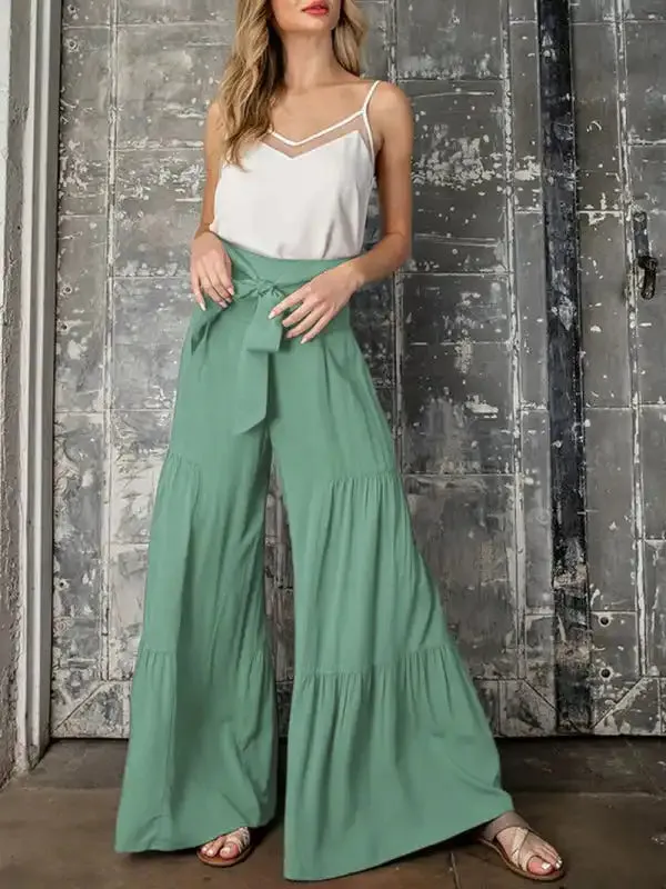 Women’s woven strap elastic waist this kind of wide-leg A-type casual trousers