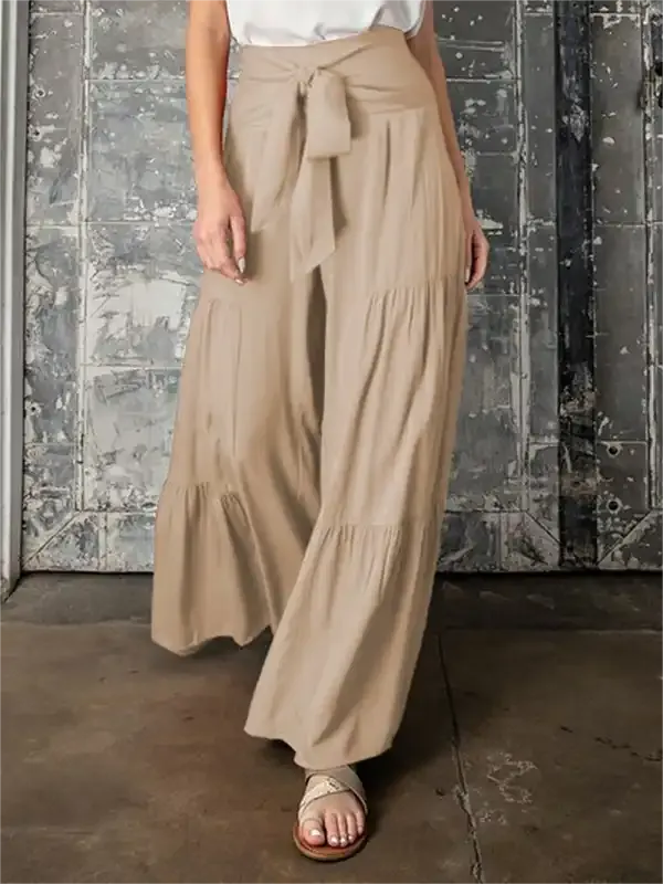 Women’s woven strap elastic waist this kind of wide-leg A-type casual trousers
