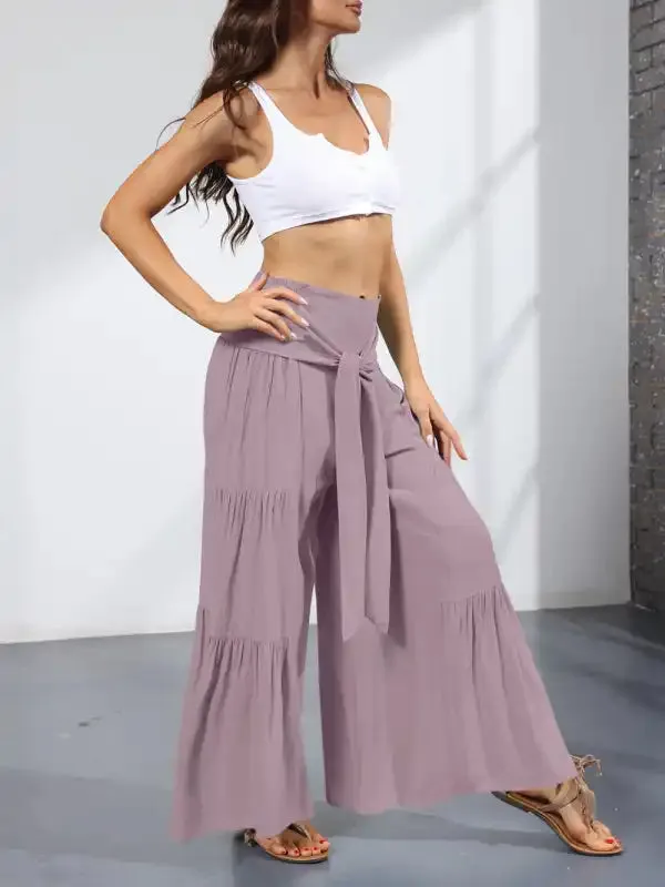 Women’s woven strap elastic waist this kind of wide-leg A-type casual trousers