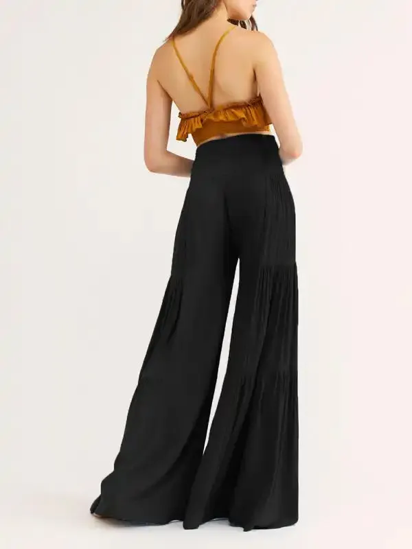 Women’s woven strap elastic waist this kind of wide-leg A-type casual trousers
