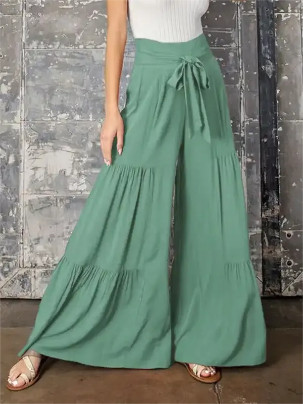 Women’s woven strap elastic waist this kind of wide-leg A-type casual trousers