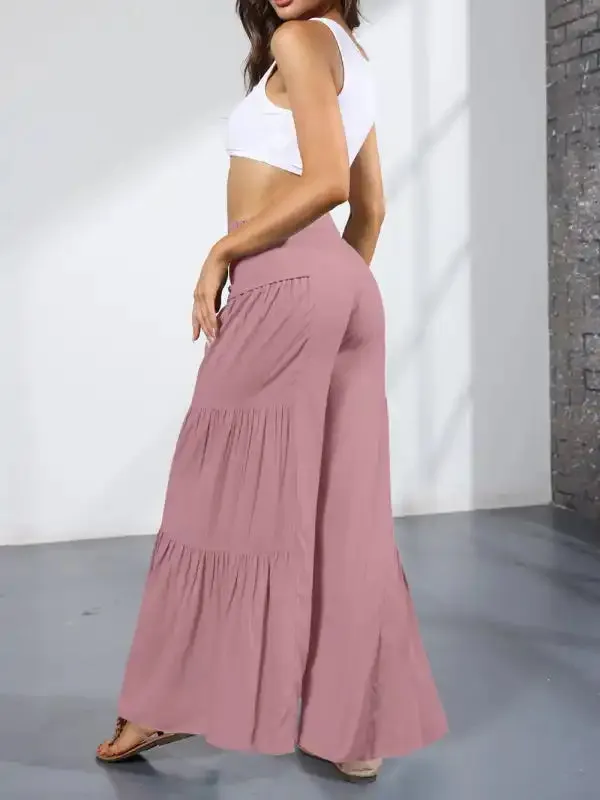 Women’s woven strap elastic waist this kind of wide-leg A-type casual trousers