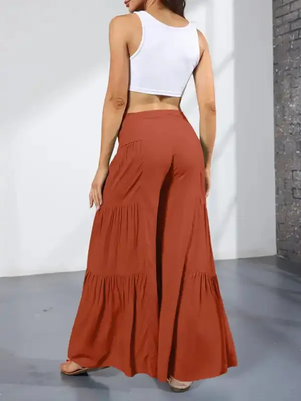 Women’s woven strap elastic waist this kind of wide-leg A-type casual trousers