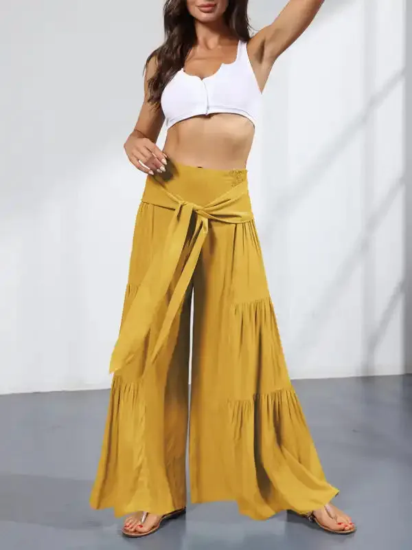 Women’s woven strap elastic waist this kind of wide-leg A-type casual trousers