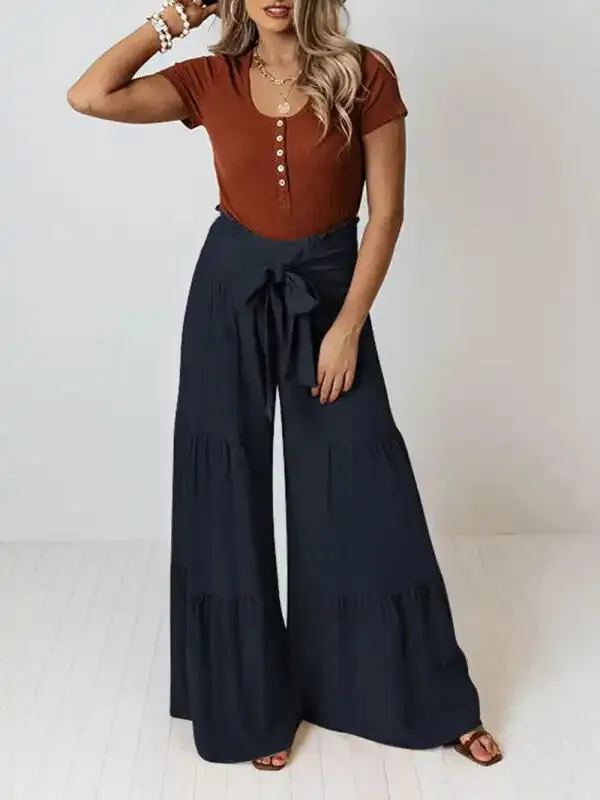 Women’s woven strap elastic waist this kind of wide-leg A-type casual trousers