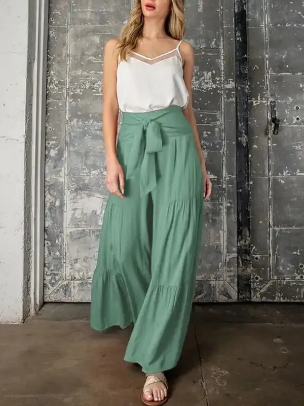 Women’s woven strap elastic waist this kind of wide-leg A-type casual trousers