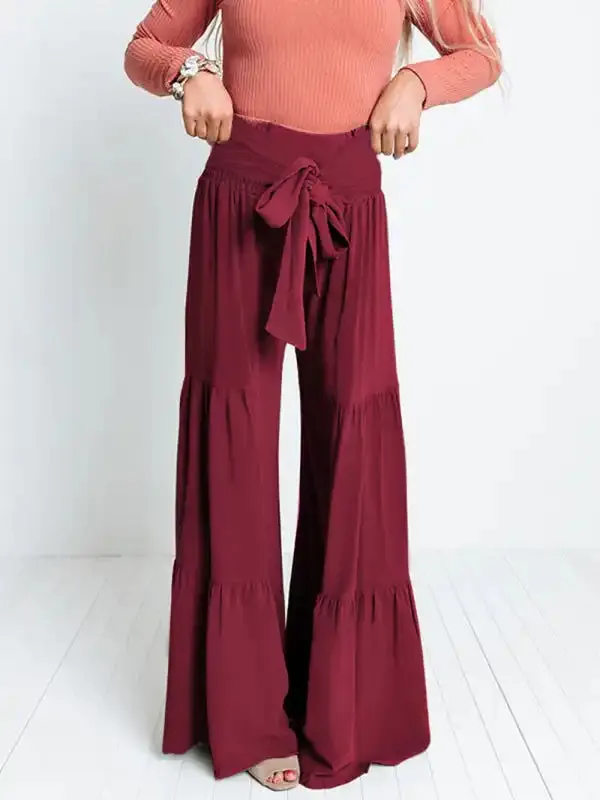 Women’s woven strap elastic waist this kind of wide-leg A-type casual trousers