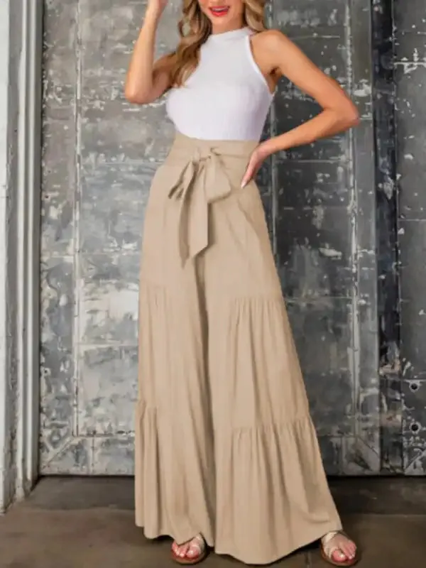 Women’s woven strap elastic waist this kind of wide-leg A-type casual trousers
