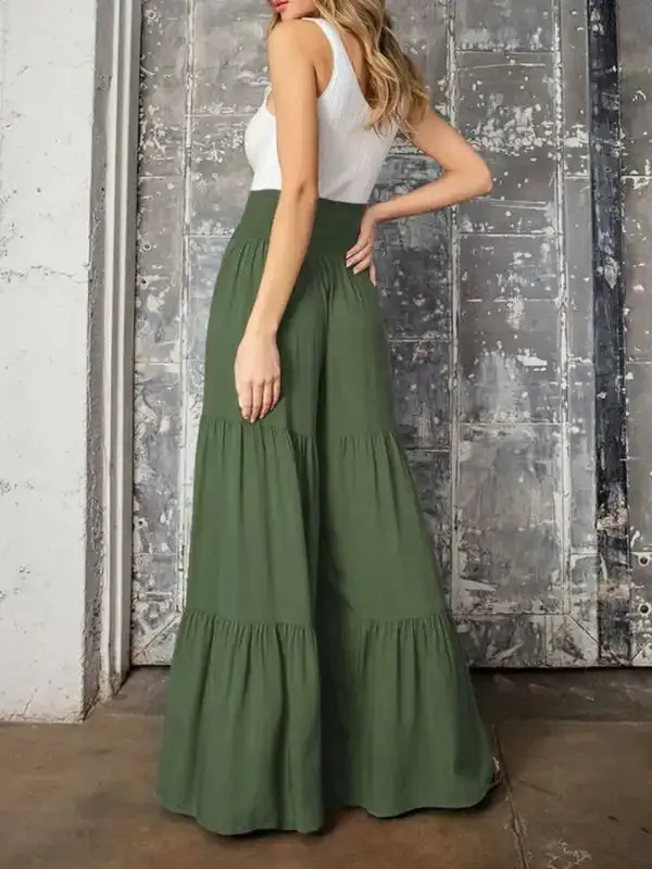 Women’s woven strap elastic waist this kind of wide-leg A-type casual trousers
