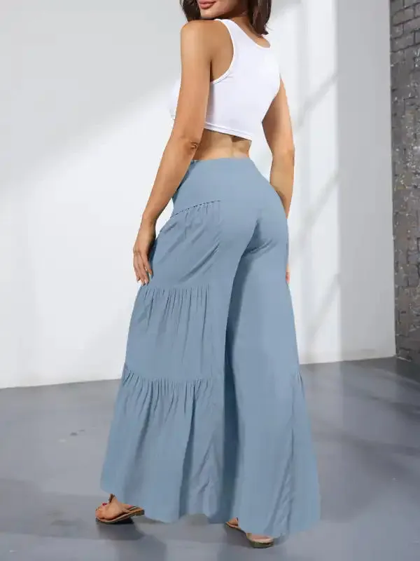Women’s woven strap elastic waist this kind of wide-leg A-type casual trousers