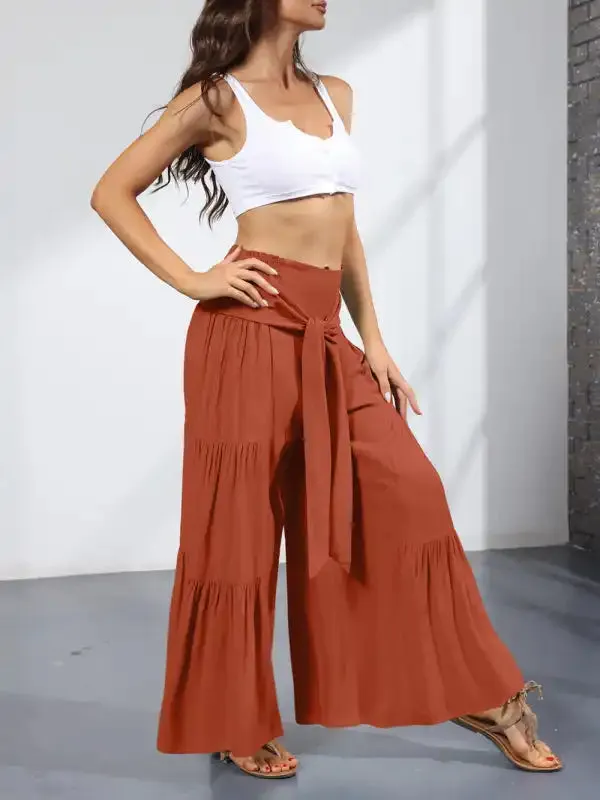 Women’s woven strap elastic waist this kind of wide-leg A-type casual trousers