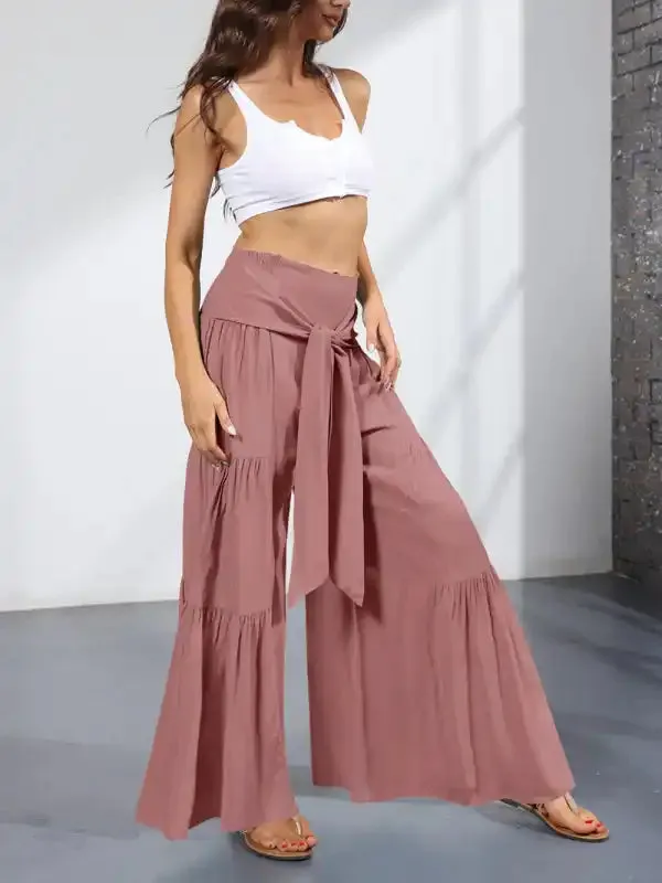 Women’s woven strap elastic waist this kind of wide-leg A-type casual trousers