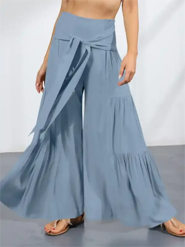 Women’s woven strap elastic waist this kind of wide-leg A-type casual trousers