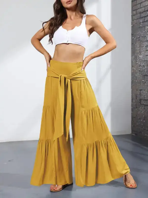 Women’s woven strap elastic waist this kind of wide-leg A-type casual trousers