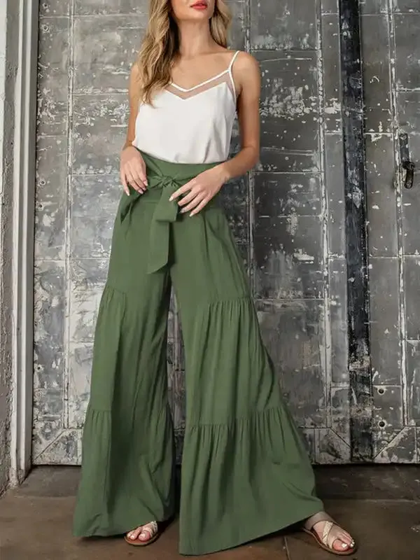 Women’s woven strap elastic waist this kind of wide-leg A-type casual trousers