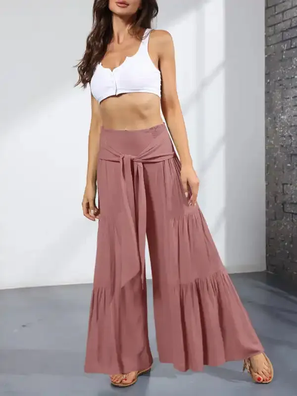 Women’s woven strap elastic waist this kind of wide-leg A-type casual trousers