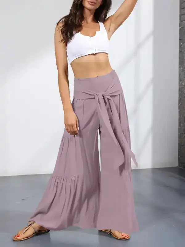 Women’s woven strap elastic waist this kind of wide-leg A-type casual trousers