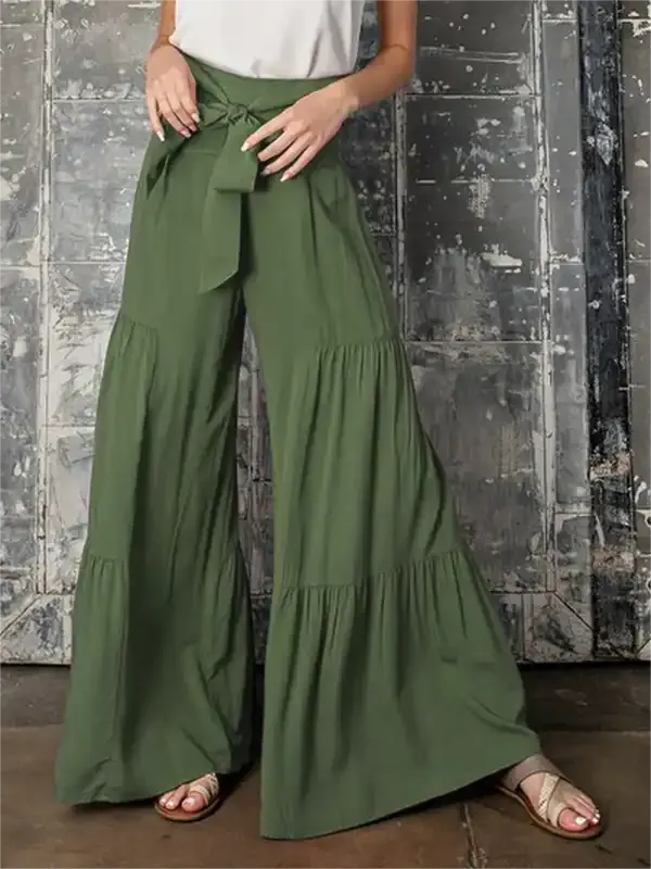 Women’s woven strap elastic waist this kind of wide-leg A-type casual trousers