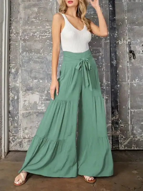 Women’s woven strap elastic waist this kind of wide-leg A-type casual trousers