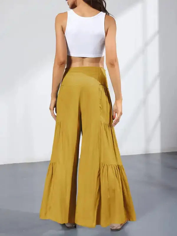 Women’s woven strap elastic waist this kind of wide-leg A-type casual trousers