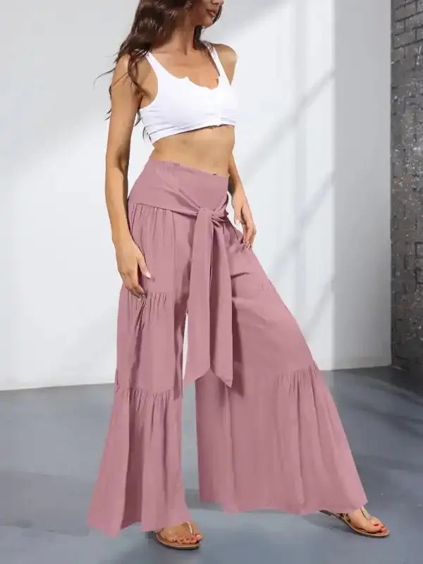 Women’s woven strap elastic waist this kind of wide-leg A-type casual trousers