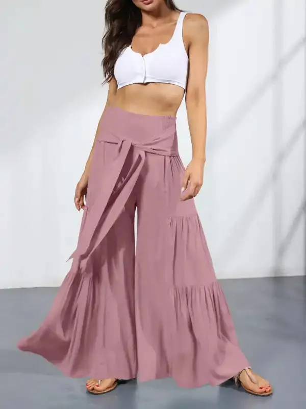 Women’s woven strap elastic waist this kind of wide-leg A-type casual trousers