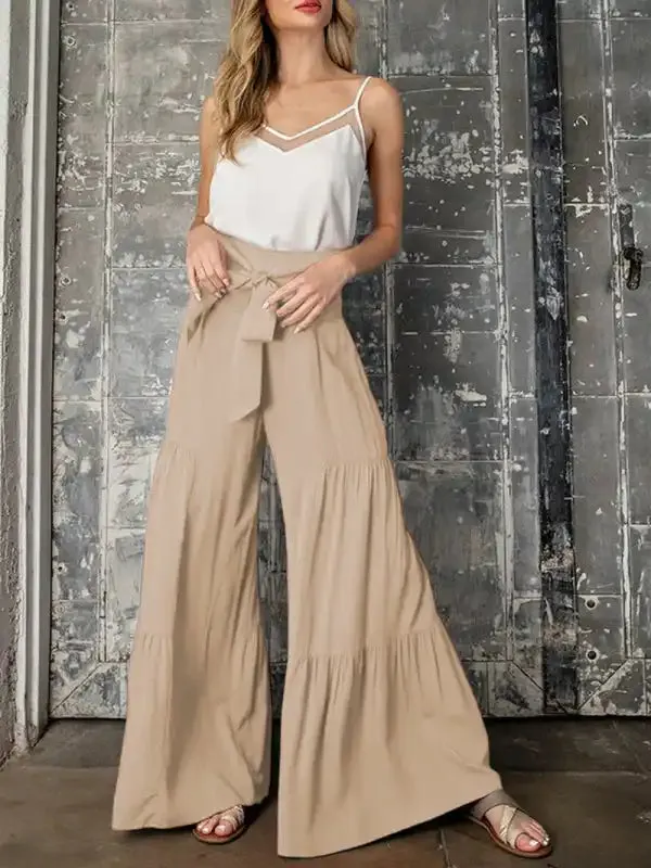 Women’s woven strap elastic waist this kind of wide-leg A-type casual trousers