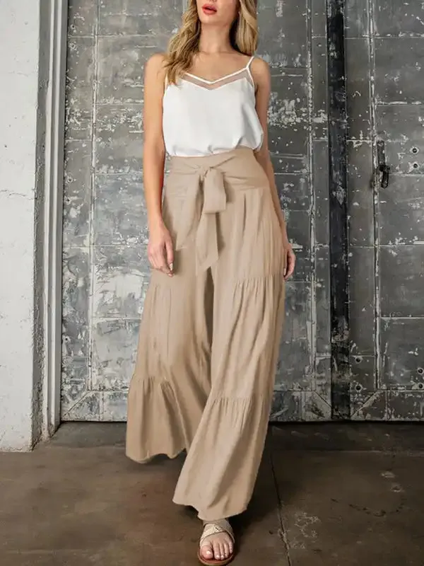 Women’s woven strap elastic waist this kind of wide-leg A-type casual trousers