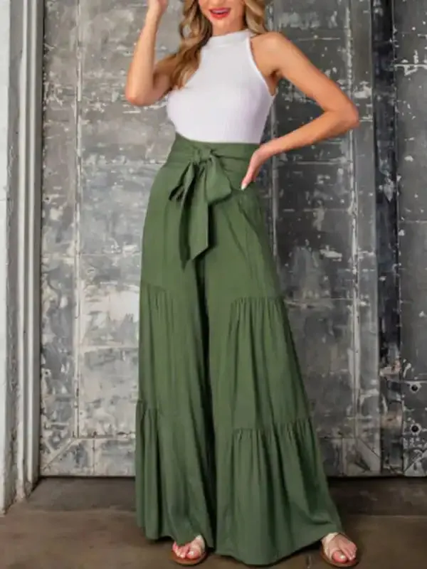 Women’s woven strap elastic waist this kind of wide-leg A-type casual trousers