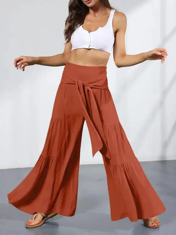 Women’s woven strap elastic waist this kind of wide-leg A-type casual trousers