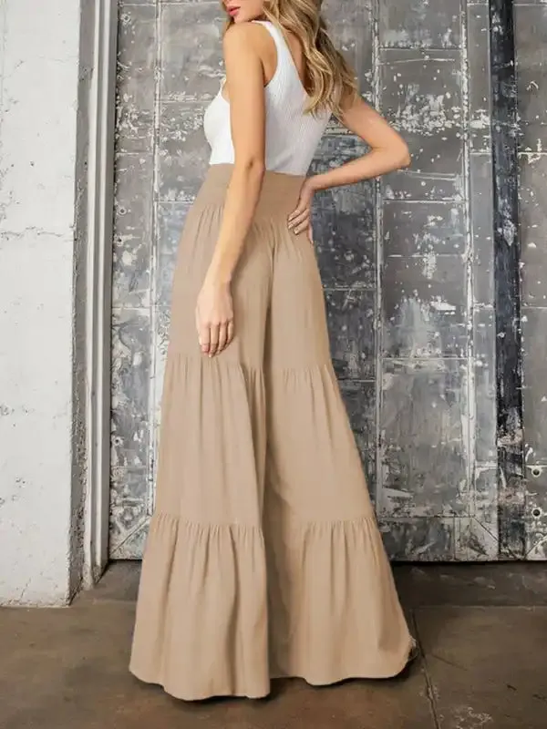 Women’s woven strap elastic waist this kind of wide-leg A-type casual trousers