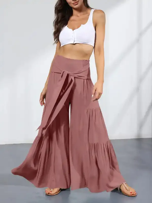 Women’s woven strap elastic waist this kind of wide-leg A-type casual trousers