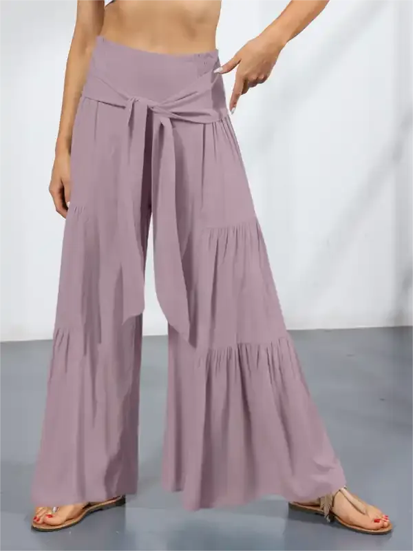Women’s woven strap elastic waist this kind of wide-leg A-type casual trousers