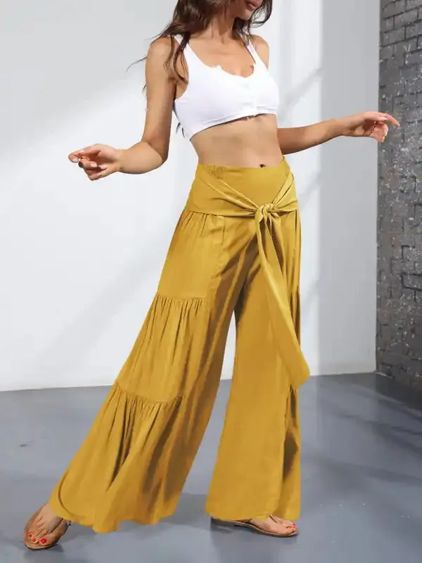 Women’s woven strap elastic waist this kind of wide-leg A-type casual trousers