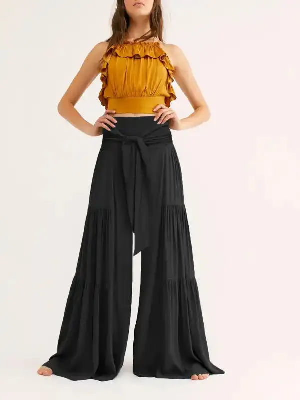 Women’s woven strap elastic waist this kind of wide-leg A-type casual trousers