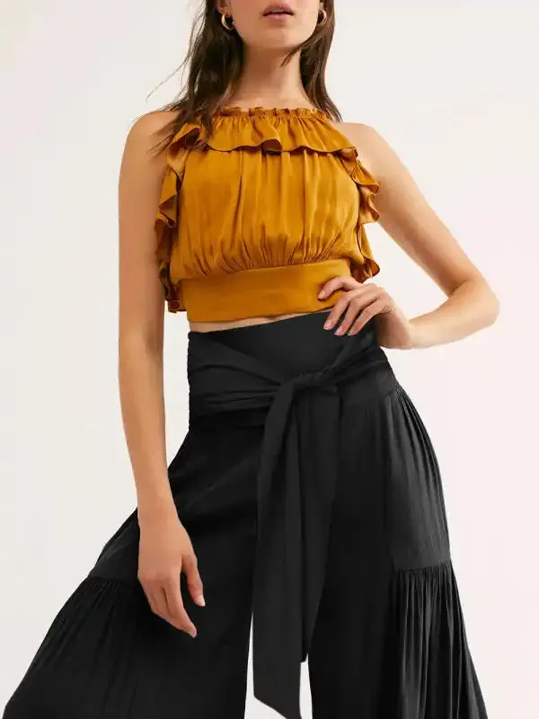 Women’s woven strap elastic waist this kind of wide-leg A-type casual trousers