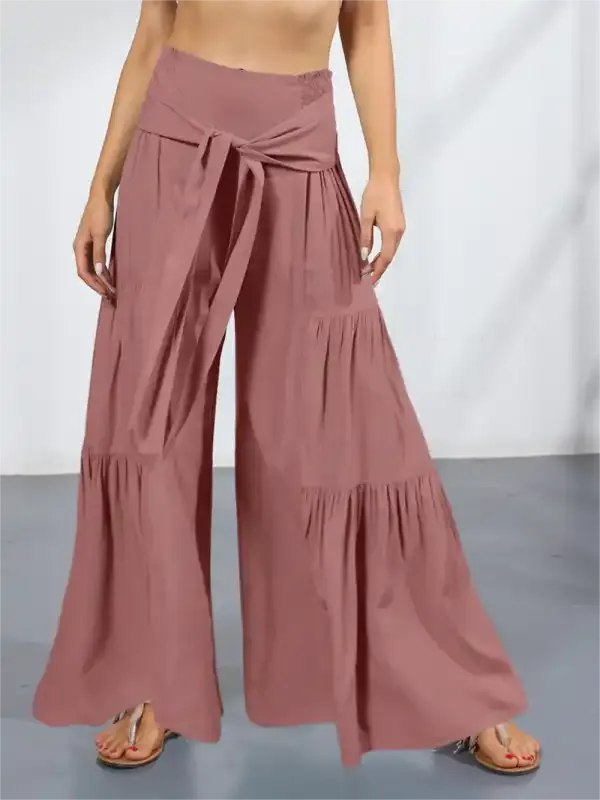 Women’s woven strap elastic waist this kind of wide-leg A-type casual trousers