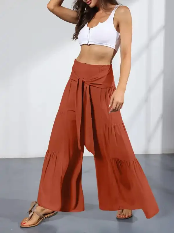 Women’s woven strap elastic waist this kind of wide-leg A-type casual trousers