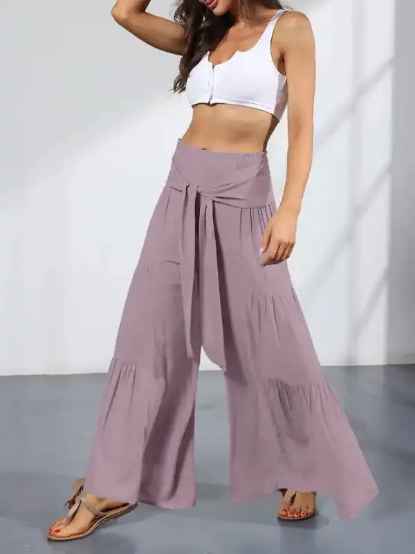 Women’s woven strap elastic waist this kind of wide-leg A-type casual trousers