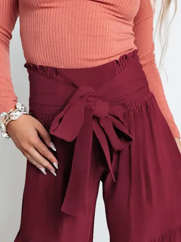 Women’s woven strap elastic waist this kind of wide-leg A-type casual trousers