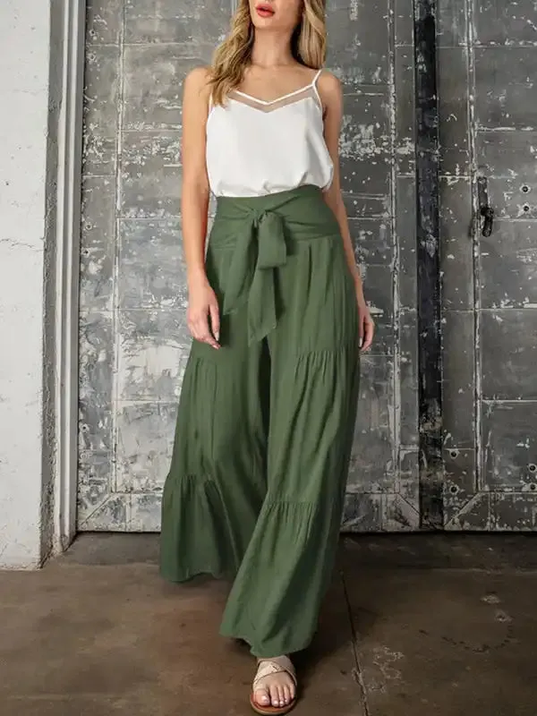 Women’s woven strap elastic waist this kind of wide-leg A-type casual trousers