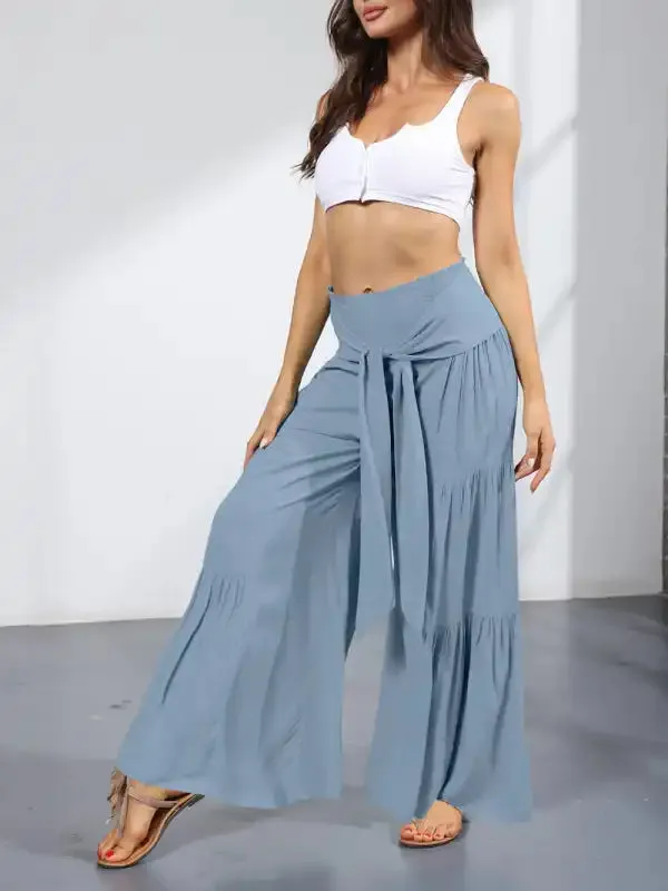 Women’s woven strap elastic waist this kind of wide-leg A-type casual trousers