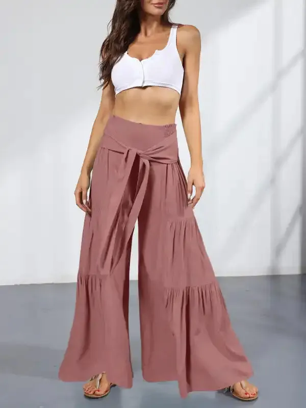 Women’s woven strap elastic waist this kind of wide-leg A-type casual trousers