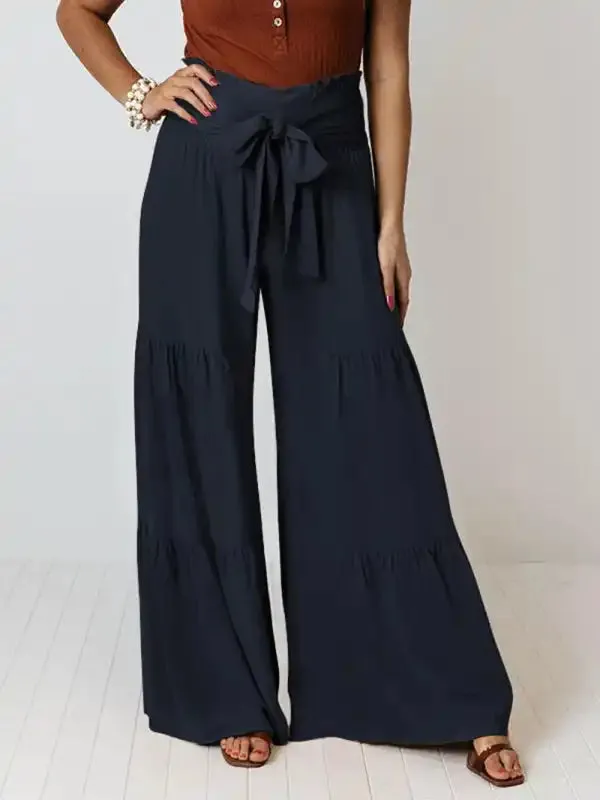 Women’s woven strap elastic waist this kind of wide-leg A-type casual trousers