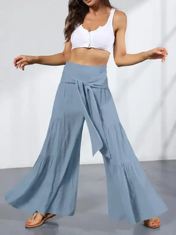 Women’s woven strap elastic waist this kind of wide-leg A-type casual trousers