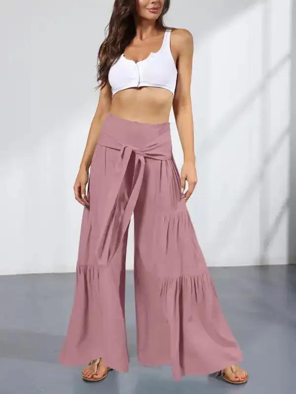 Women’s woven strap elastic waist this kind of wide-leg A-type casual trousers
